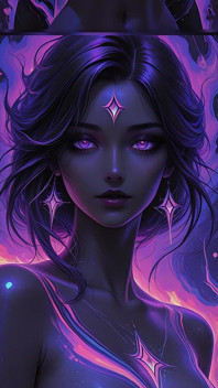 Mystic Cosmic Goddess with Glowing Violet Eyes Dark Fantasy Ai Art Slideshow