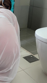 Stepmom Cleans the Bathroom in Her Sheer Dress. Slowly