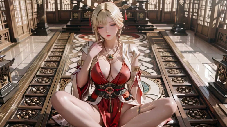 Seraphina Vale: Dewi Celestial Descends! Red &amp; White Hanfu, rambut emas, barefoot di...