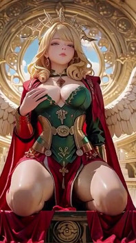 Regina de aur sosește! Seducție divină sub armură verde-auriu, îngenuncherea și uitându-se înapoi cu un deget la buze.