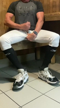 Buff Jacked Jockdad87 Edges in Baseball Gear in the Sauna
