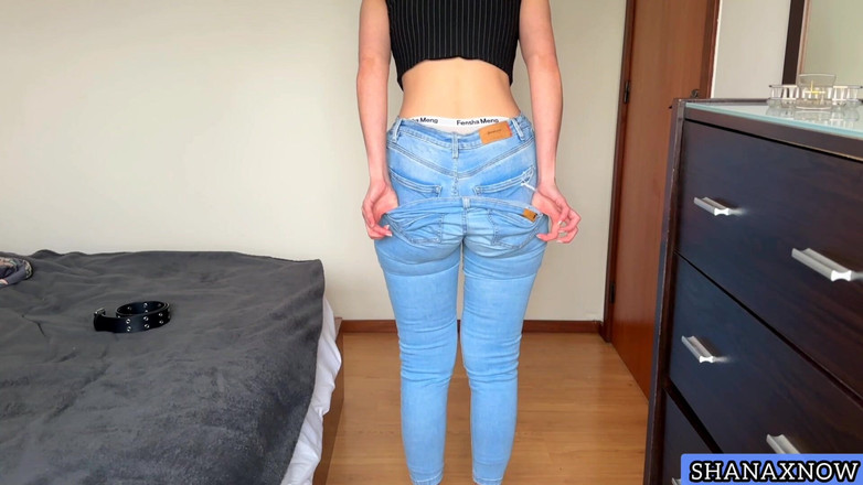 Shanaxnow: Blue Tight Jeans fetiš velký zadek Problémy White Booty Thong