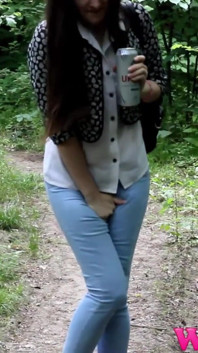 Skinny Brunette Full Bladder Pee Desperation and Pushing Her Pussy to Stop Her Pee in the Forest