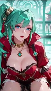 The Red-clad Blade's Private Tease! Green-haired Warrior in a Black-red Battle Robe, Commanding yet Shy on the Floating Terrace.
