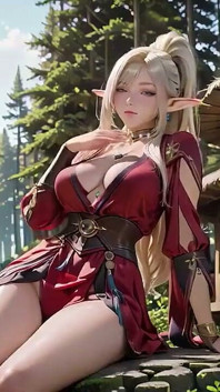 Red Robe Elf Sorceress! Opalony taras leśny, klęczące spojrzenie, które natychmiast cię stopi