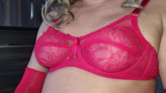 Sensual Red Lace Bra, Spandex Gloves, Caressing My Round and Firm Tits