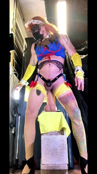 TS Shemale Beauty Blue Panties Stocking Outside Riding Big Green Dildo