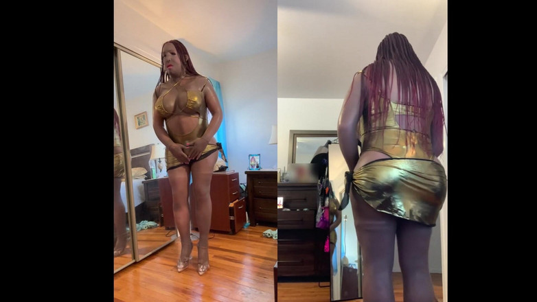 Deanna Doll: Black Babe Danae in a Sexy Gold Bathing Suit, Stripping,...