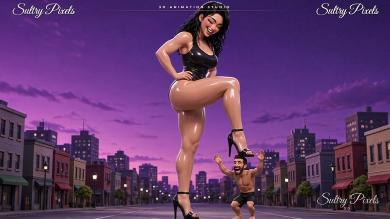 Sultry Pixels 3D: Giantess ทาน้ํามันในรองเท้าส้นสูงทาวเวอร์เหนือชายตัวเล็ก - แต่เพียงผู้เดียวยักษ์ล้มลงมาหาคุณ
