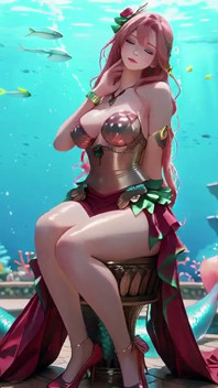 Fantasia nel mare profondo! le lounge sirena della Sirena dai capelli rosa nel Palazzo Azure, Mani tocco l'acqua, personale che trema.