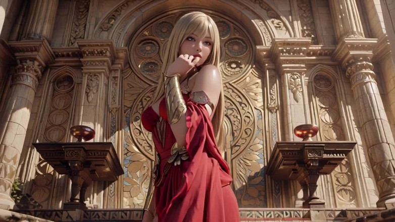 Seraphina Vale: Blonde königin in rot! Sitzen am brunnen, Ihr schlitzkleid anpassen....