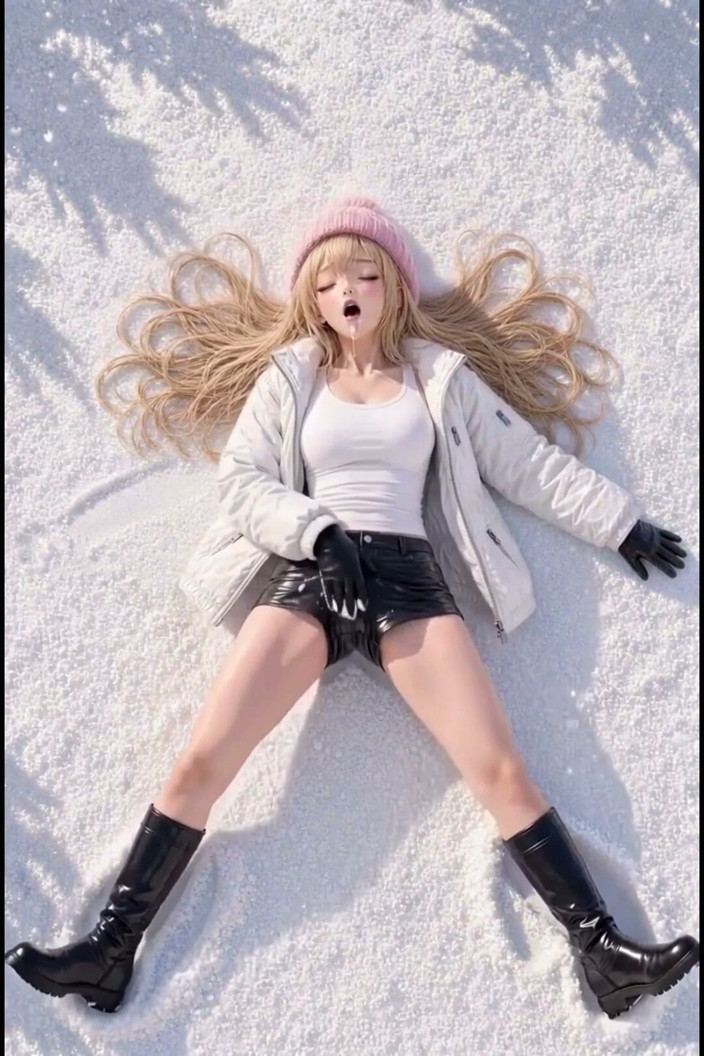 Wertstofsamler: 3d Anime Blondine Spaziergang im Schnee, Latex Höschen süße Mütze