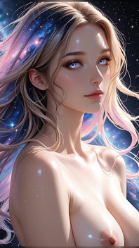 Wielowersowa bogini protektor otoczona przez wirujące galaktyki Kosmiczne fantasy Ai Pokaz sztuki