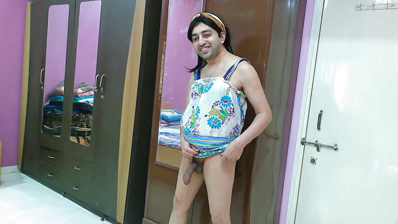 Cute & Nude Crossdresser: Hot sissy crossdresser femboy in beach dress and hairband.