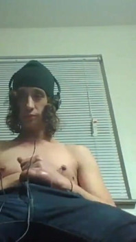 Headphones & Beanie on; Barechested and Stroking Lazily to Porn