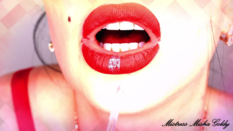 Goddess Misha Goldy: Cum to my red glossy lips and red lustful shapes