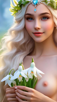 Ai artistico nuda bella donna tiene in mano snowdrop con gioielli con diamante bianco artico