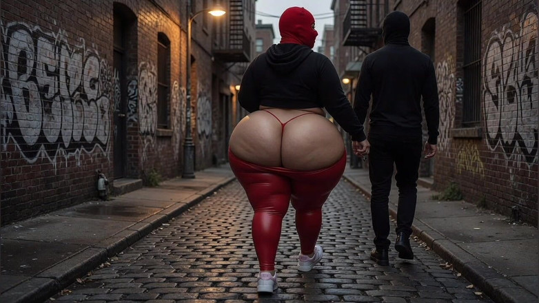 Animate golden: Menina rabuda andando de leggings apertadas na rua