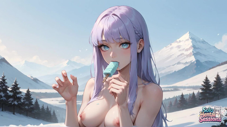 Solo Hentai Sessions: Snowy Mountain Coffee Break: Zeiță solo cu părul violet