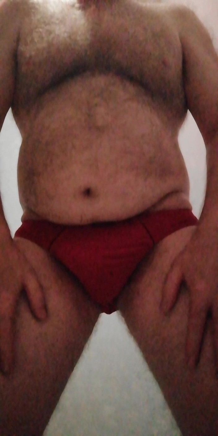 The UK Hairy Bear: 抚摸我紧致的红色继父三角裤的隆起