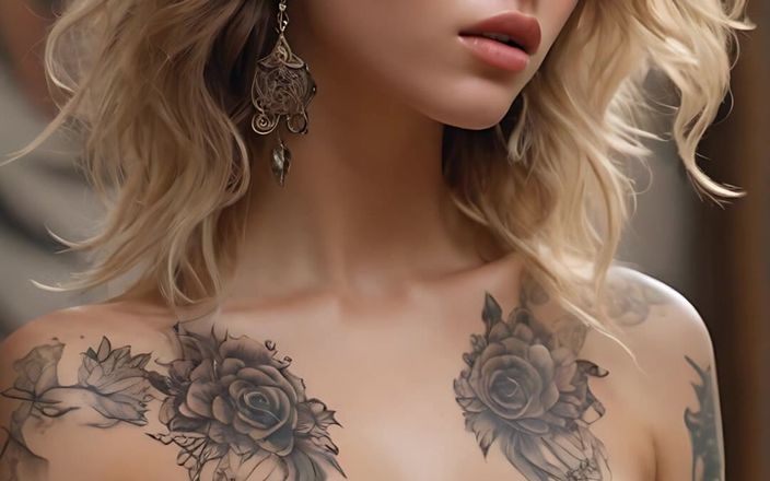 AI Girls: Nu artístico de uma bela jovem com tatuagens vivas sussurrando...