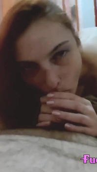 Redhead Slut Suck Cock Showing Her Experince in Taking It Deep and Slaps Her Face with the Thick Cock