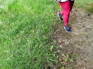 Bouncy Tits Action: Walking with Clamps on Pussy Through the Woods