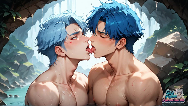 Gay Anime Adventures: Pesta seks otot berambut biru di Gua Snowy! Lucah xxx...