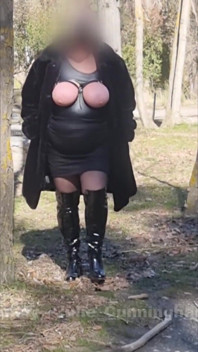Julie Walking Through a Car Park Wearing Fur Coat, See Her Bound Tits Sticking Out