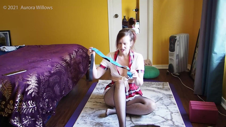 Aurora Willows: Yoga in fishnet stocking and college girl outfit