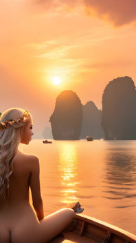 タイのボートで夕日を楽しむ美しい巨乳のヌードエルフの女の子