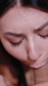 Cute 18 Year Old Brunette Gives a Sensual Blowjob with Tongue and Swallows All the Cum with a Dick