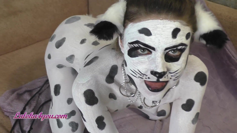 Laloka4you: Beautiful girl in Dalmatian costume playfully rides Cavalier's big dick