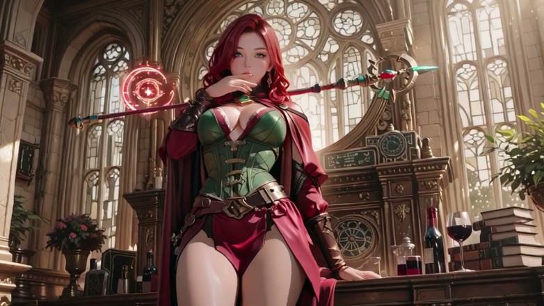 Seraphina Vale: Red Haired Sorceress Awakens! Kneeling in the Gothic Cathedral, Golden...