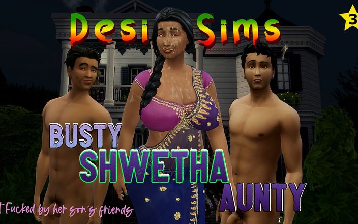Desi Sims: Desi rondborstige Indische Saree tante Shwetha met twee jonge jongens
