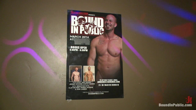 Bound in public: 筋肉質のミッチ・ヴォーンが縛られ、公共のバーで使われる