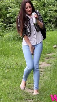 Skinny Brunette Full Bladder Pee Desperation and Pushing Her Pussy to Stop Her Pee in the Forest