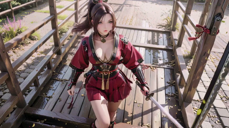 Seraphina Vale: Crimson Samurai! Red-haired Warrior Kneeling in the Sun