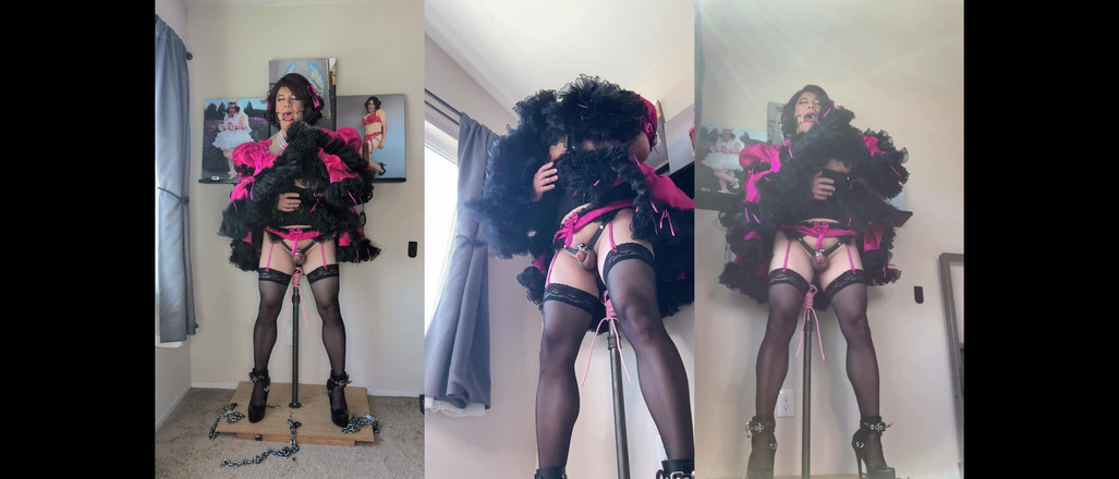 Sissy Candy: Розовая сисси горничная Candy заперта на ее подставке дилдо и скачет на ее шесте