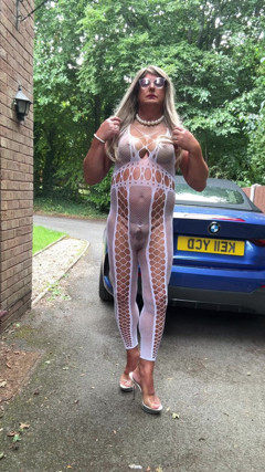 Sexy Crossdresser Kellycd2022 in White Fishnet Catsuit and Heels thumbnail