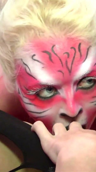 Lezdom Mistress dominate bodypainting cat with fisting and licking