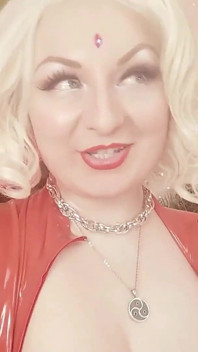 Blonde MILF in Red Latex Rubber Catsuit Teasing with Strap-on