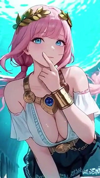 สาวผมสีชมพูใต้น้ําในชุดกะลาสี Lazely ใช้นิ้วติ้วหีสัมผัสน้ําขณะที่แสงแดดแฉะผิวของเธอ