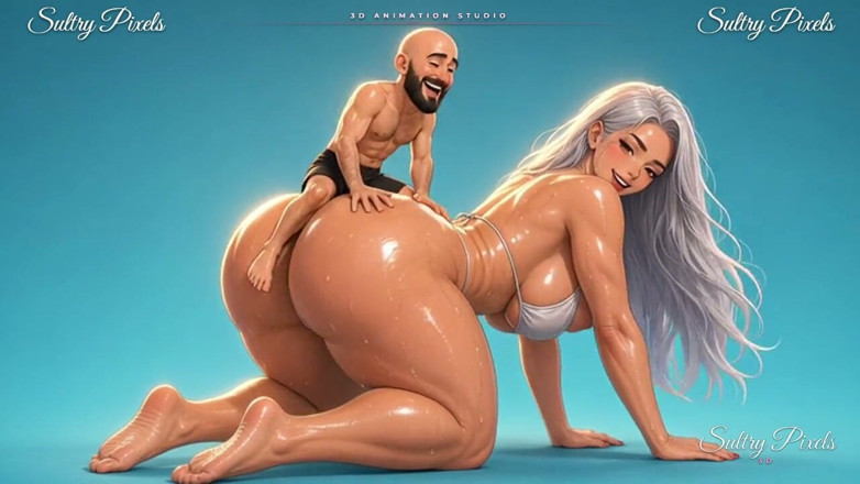 Sultry Pixels 3D: Zilverharige anime reuzin op handen en voeten geeft haar kleine...