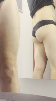 Young Boy in Thong Trying on New Pants, Sweet Ass and Popping Penis