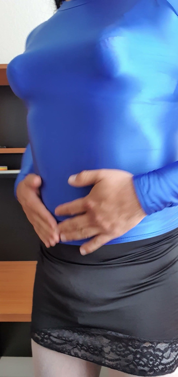 Sexy shinny clothes: Modeling My Blue Spandex Blouse and Pointy Tits