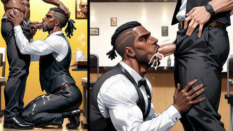 Real narrated fantasy Hentai: Black Waiter menghisap batang pelanggan dan rakan sekerja di dapur...