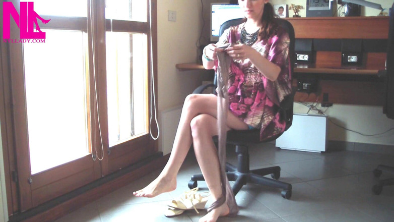 Nyllady: Nyllady Putting on Pantyhose and Footplay with Milk Colored Wedges