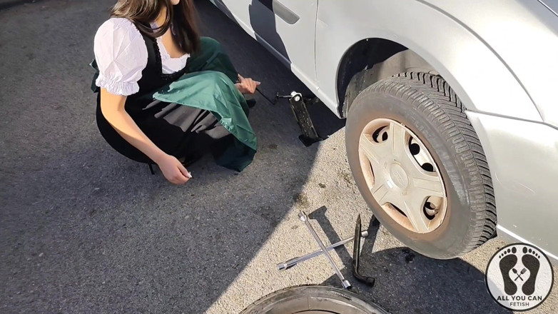 All You Can Fetish: Dirndl Slut Gets Dirty and Oily Changing Tires