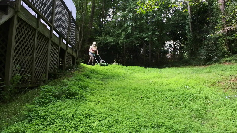 Jon Screcrow: Big Fake Tits Crossdresser in Daisy Dukes Mowing Grass